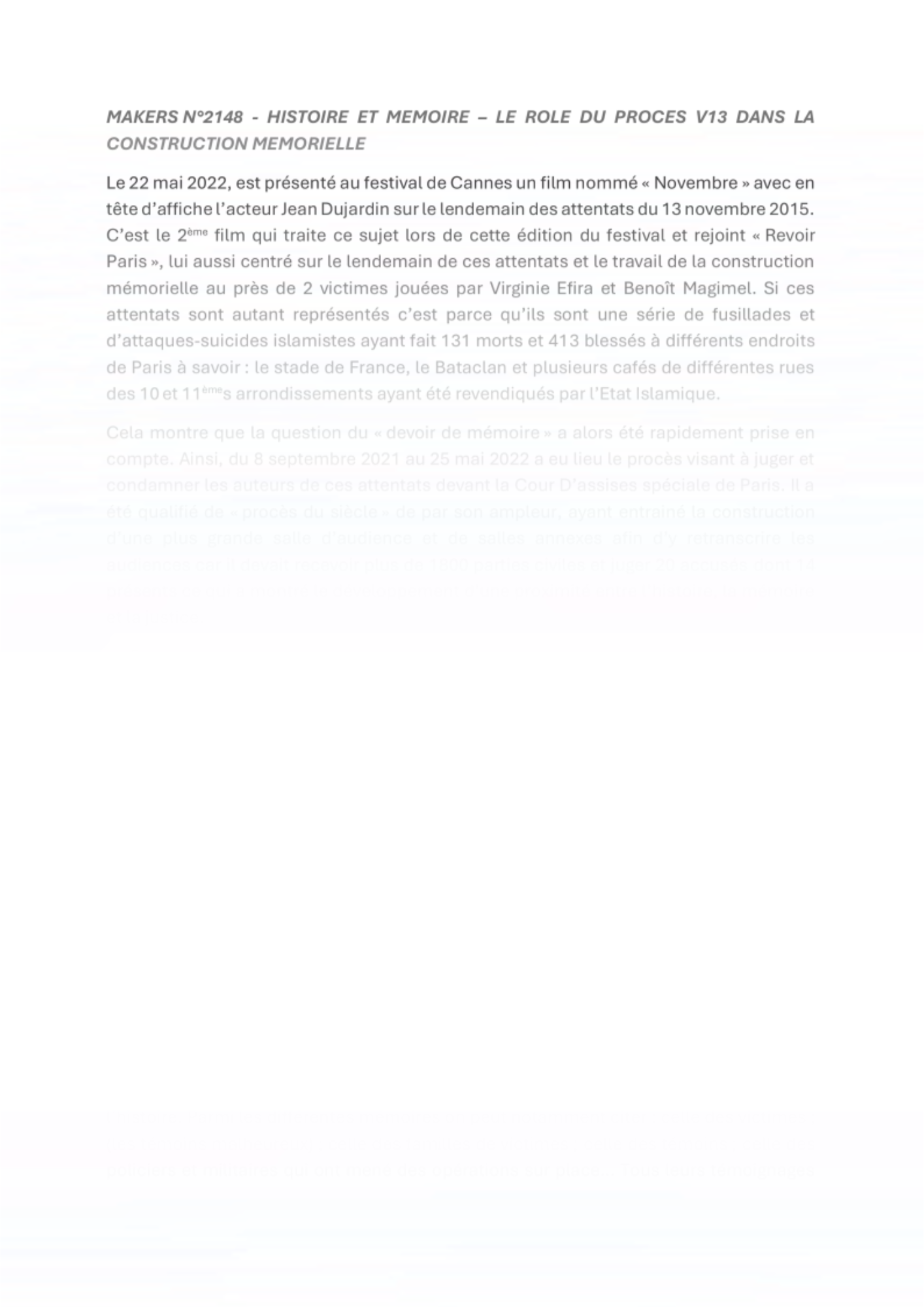 Le rôle du procès V13 dans la construction mémorielle : Histoire et Mémoire